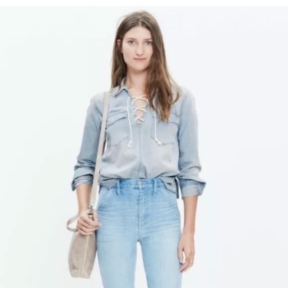 Madewell Shirt Lace-Up Denim Chambray Distressed - Picture 1 of 7